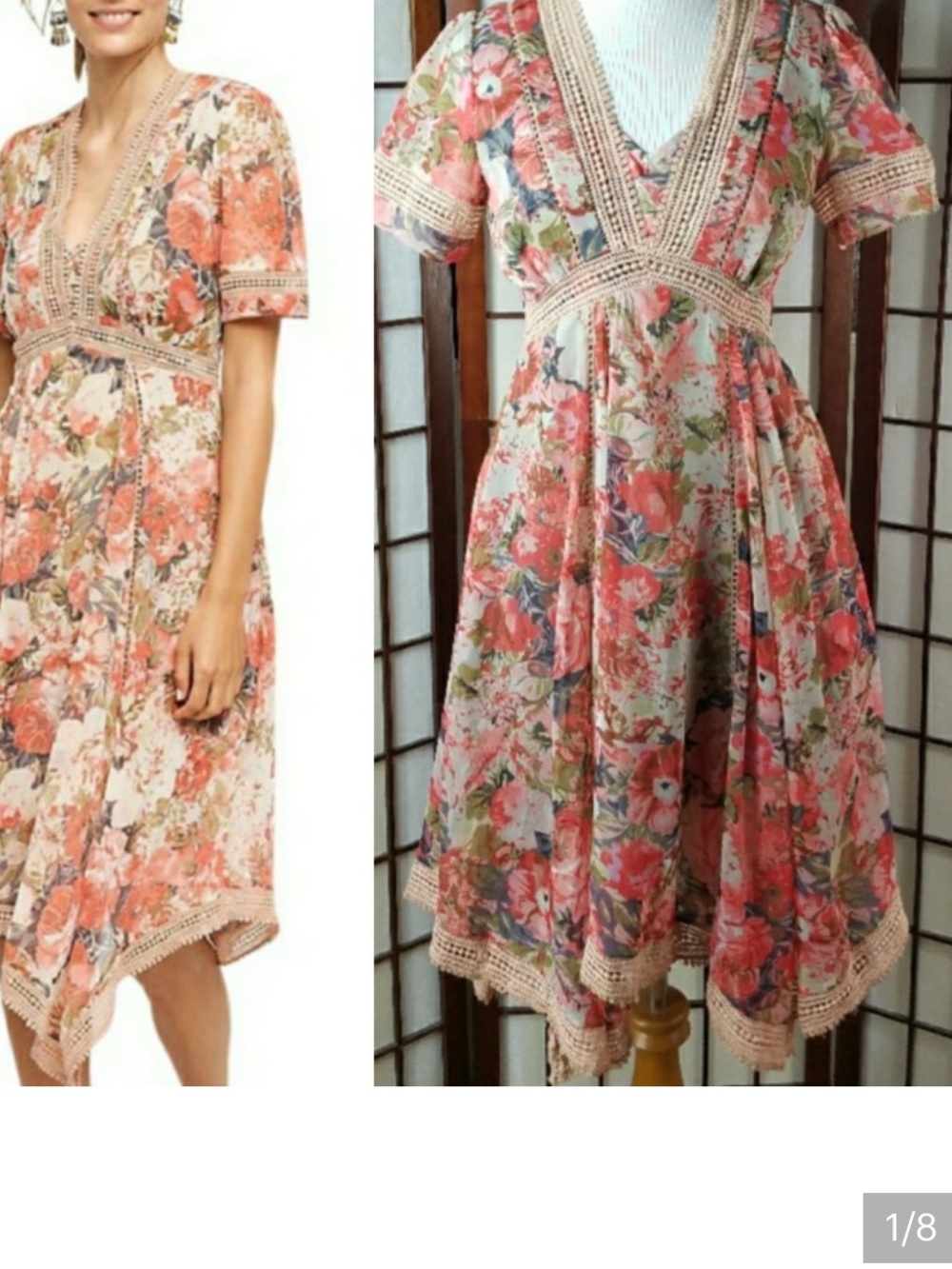 Anthropologie Ranna Gill Floral with POCKETS Asymmetrical Midi, Coral